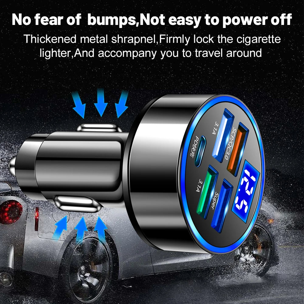 250W LED Car Charger 5 Ports Fast Charge PD QC3.0 USB