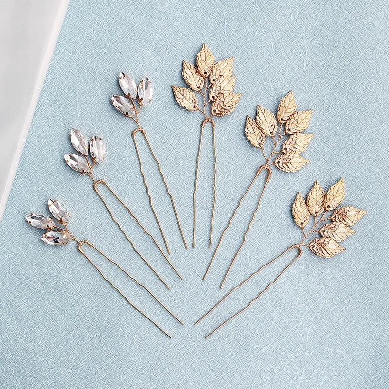 6PCS Bridal Wedding Hair Accessories Gold Color Leaf Hair Pins Clips for Women Jewelry Bride Headpiece Headwear Headdress Gifts