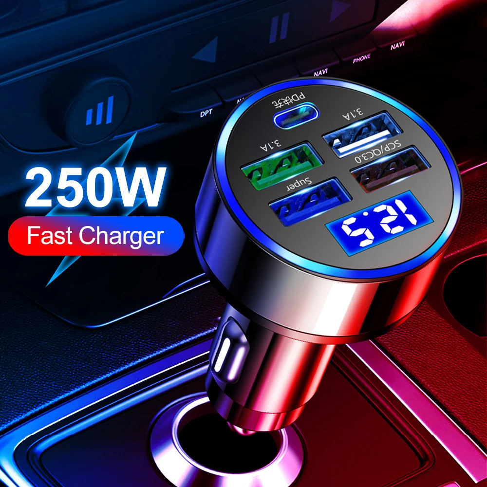 250W LED Car Charger 5 Ports Fast Charge PD QC3.0 USB