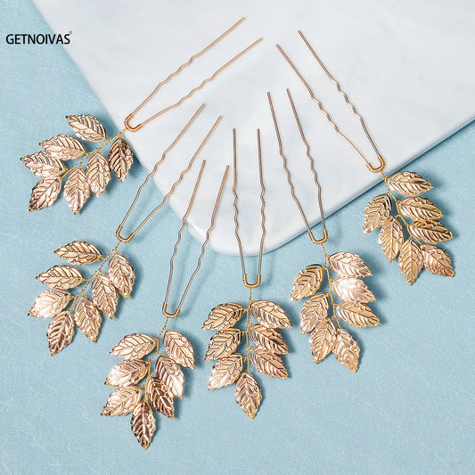 6PCS Bridal Wedding Hair Accessories Gold Color Leaf Hair Pins Clips for Women Jewelry Bride Headpiece Headwear Headdress Gifts