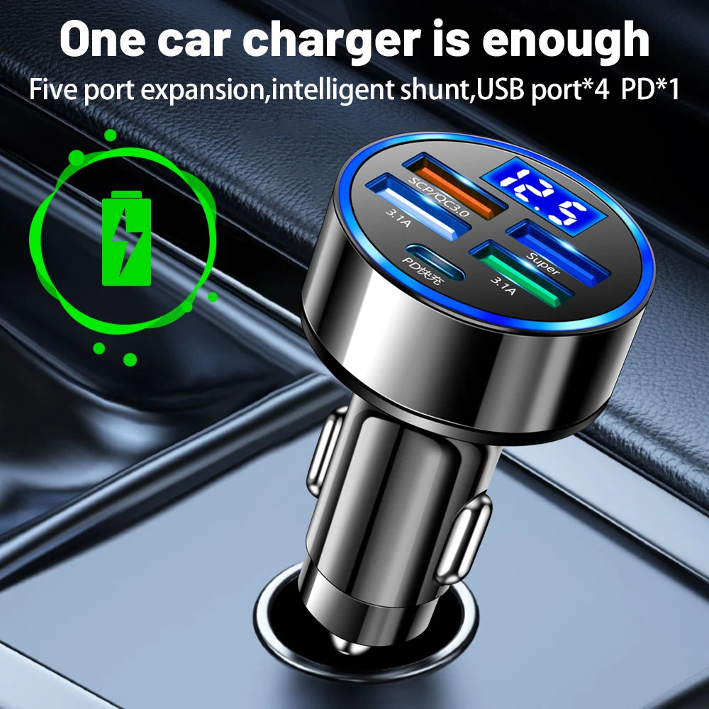 250W LED Car Charger 5 Ports Fast Charge PD QC3.0 USB