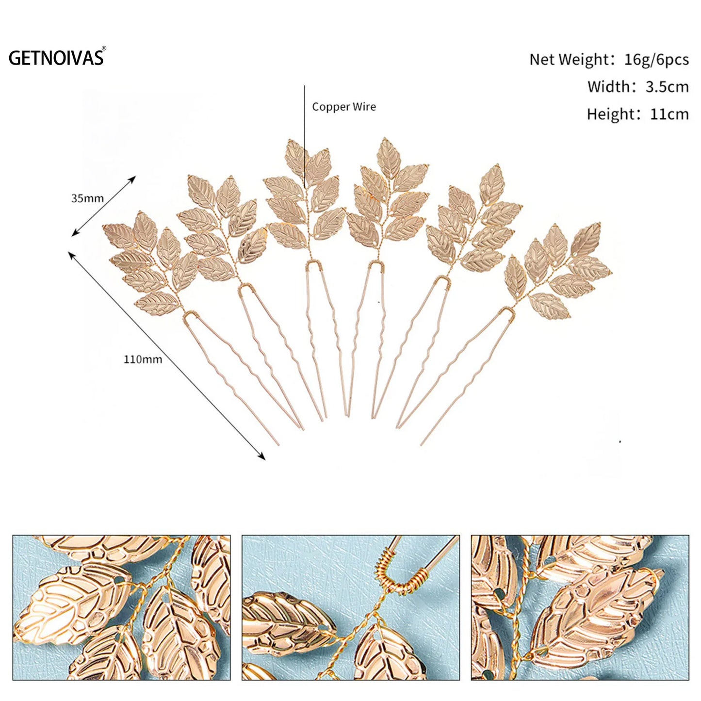 6PCS Bridal Wedding Hair Accessories Gold Color Leaf Hair Pins Clips for Women Jewelry Bride Headpiece Headwear Headdress Gifts